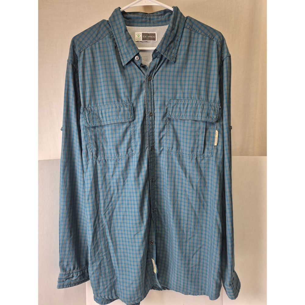 ExOfficio Insect Shield Men Blue Plaid Long Sleeve Hiking Shirt Large Snap Front